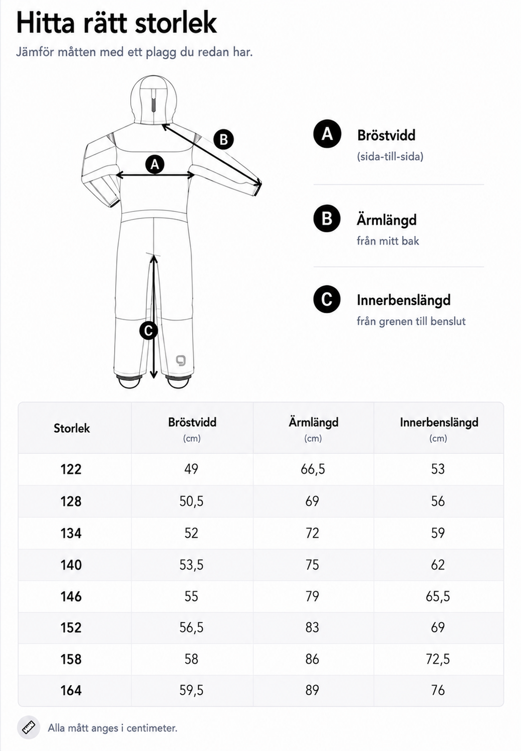 Storlekstabell Supershape Space vinteroverall 